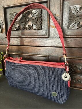 The Sak Navy Blue Crochet Woven Shoulder Bag with Red Trim
